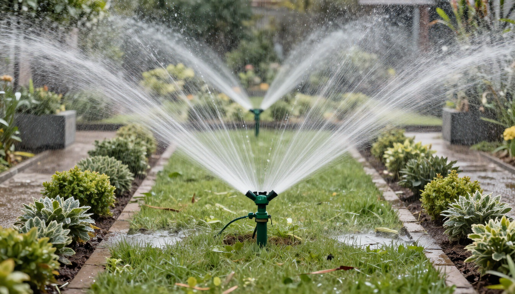 Impianto di irrigazione a spruzzo su giardino curato