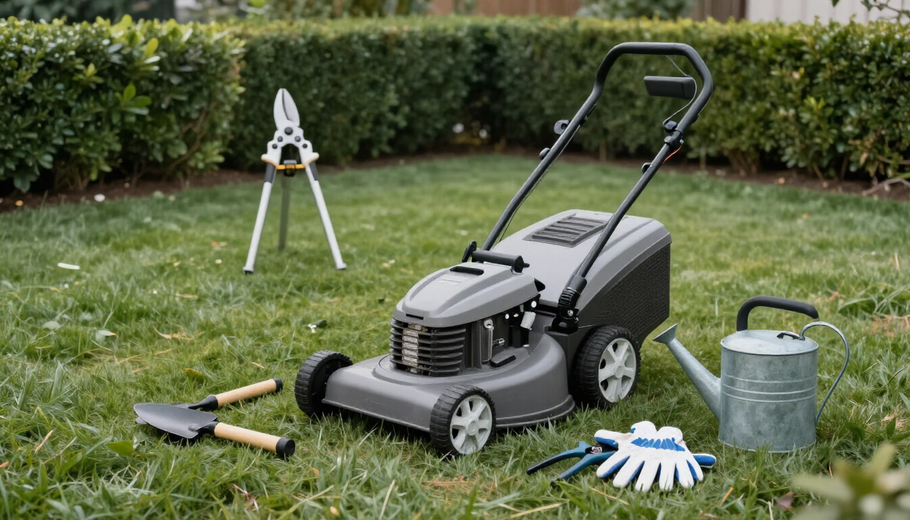 Macchine da giardinaggio su prato curato con attrezzi professionali