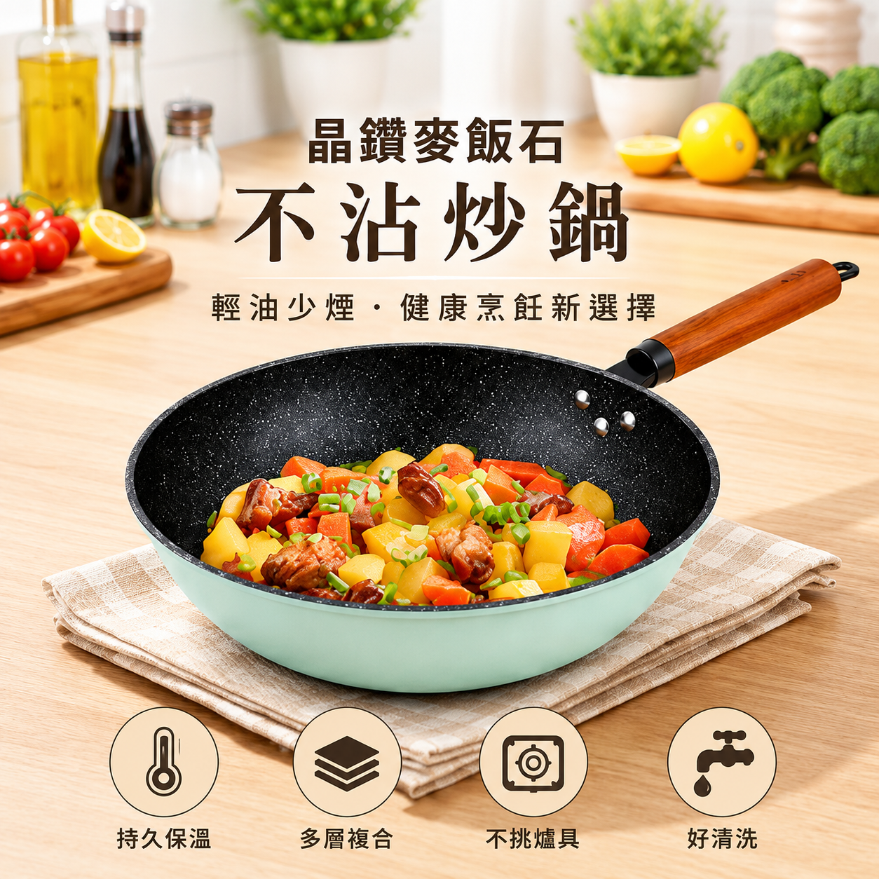 HSUNLU 晶鑽麥飯石不沾炒鍋