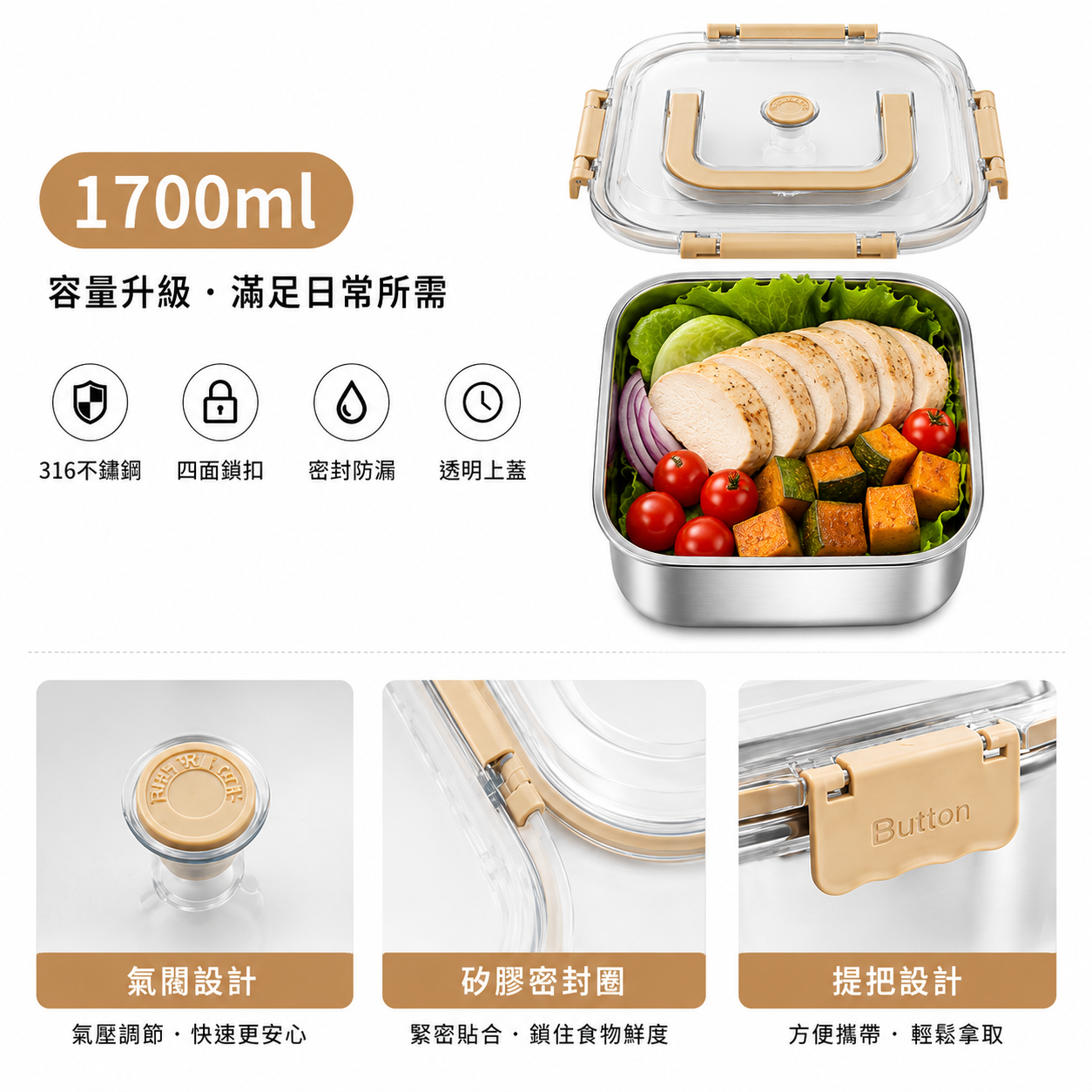 316不鏽鋼密封保鮮盒｜1700ml／2300ml 大容量｜四面鎖扣防漏｜透明上蓋｜可提式便當盒