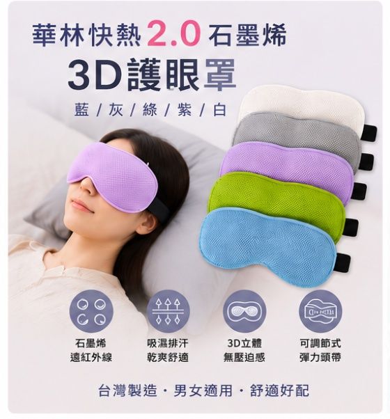 台灣製 華楙快熱2.0石墨烯3D護眼罩(藍/灰/綠/紫/白)