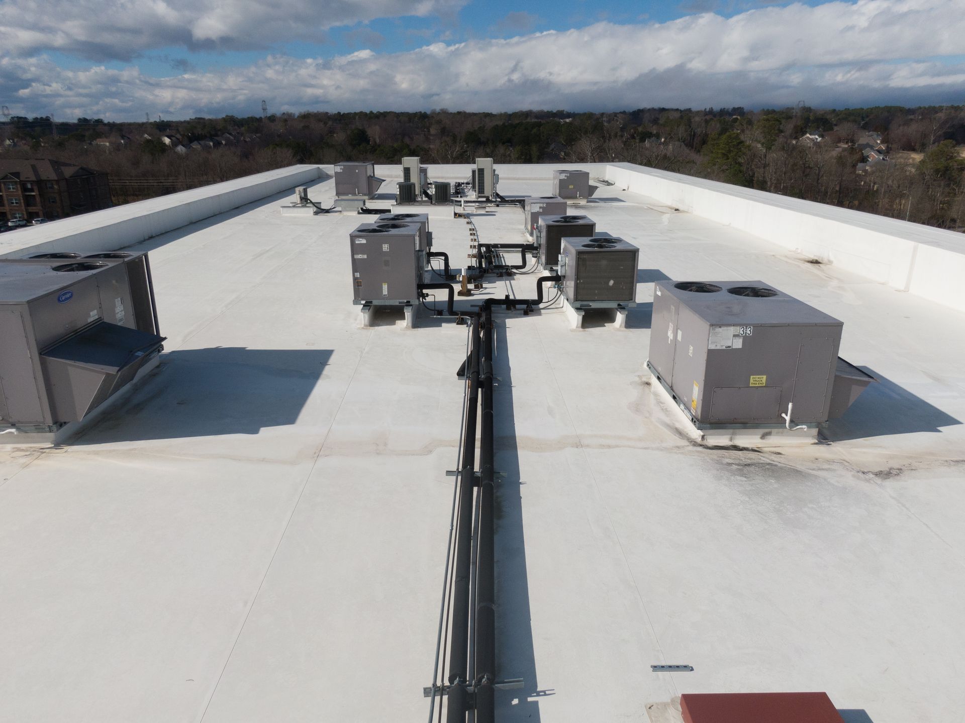 Drone photo of TPO commercial roofing.