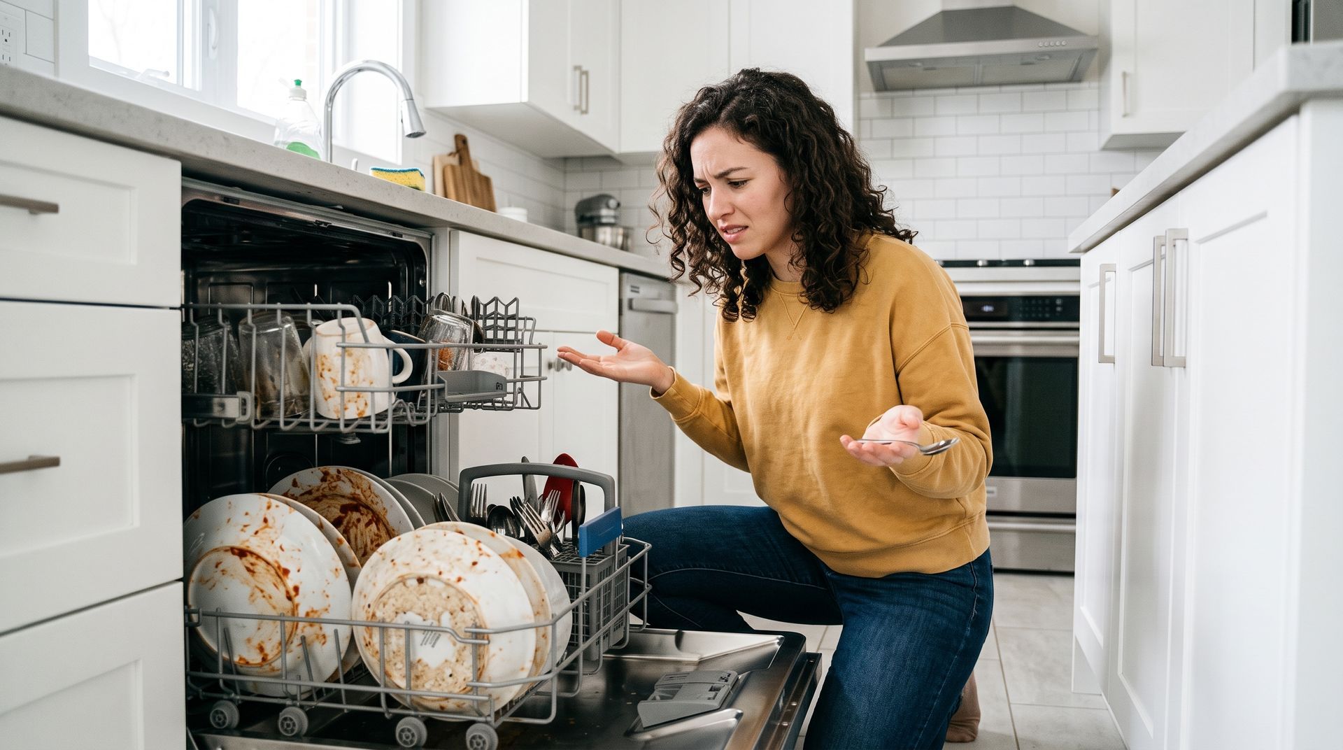 Person loading dirty dishes into an open dishwasher in a bright kitchen