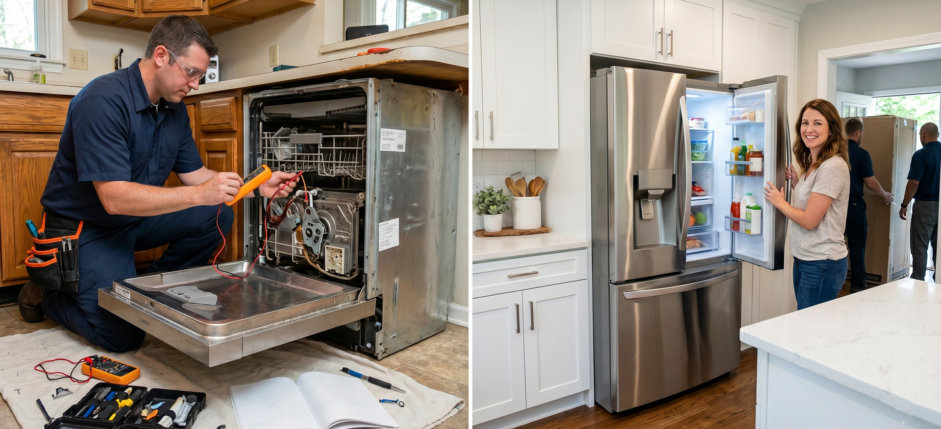 Technician repairing a dishwasher beside a smiling woman in a modern kitchen with an open refrigerator.