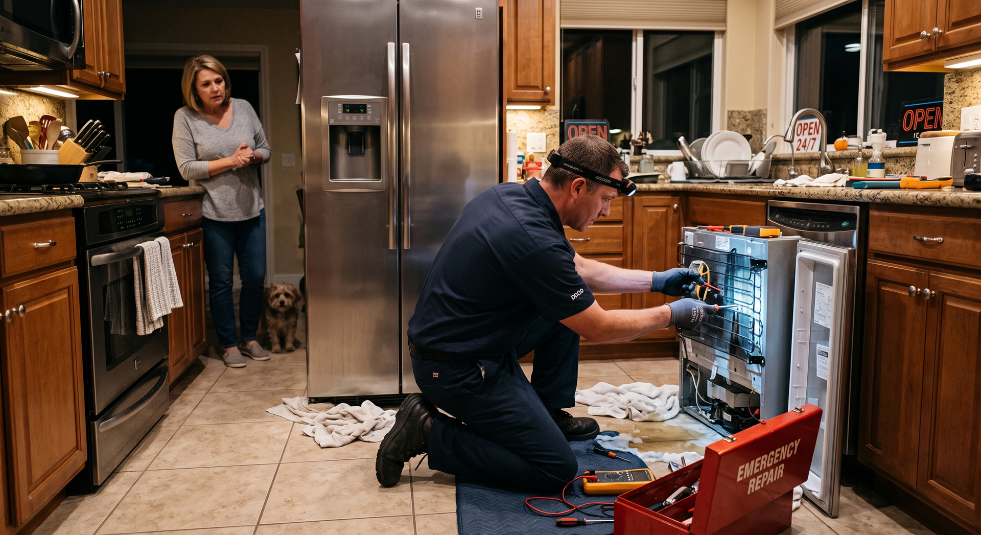 Technician repairs a dishwasher in a cluttered kitchen while a woman watches nearby.