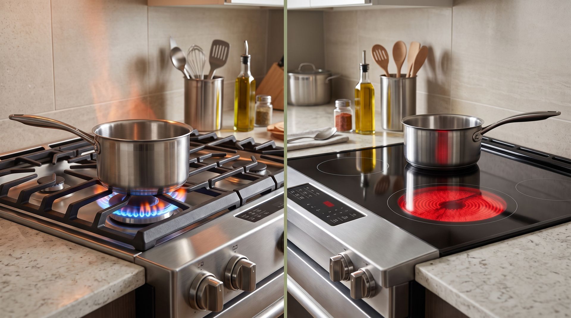 Split-view kitchen stove comparison: gas flame and red induction cooktop with pots boiling