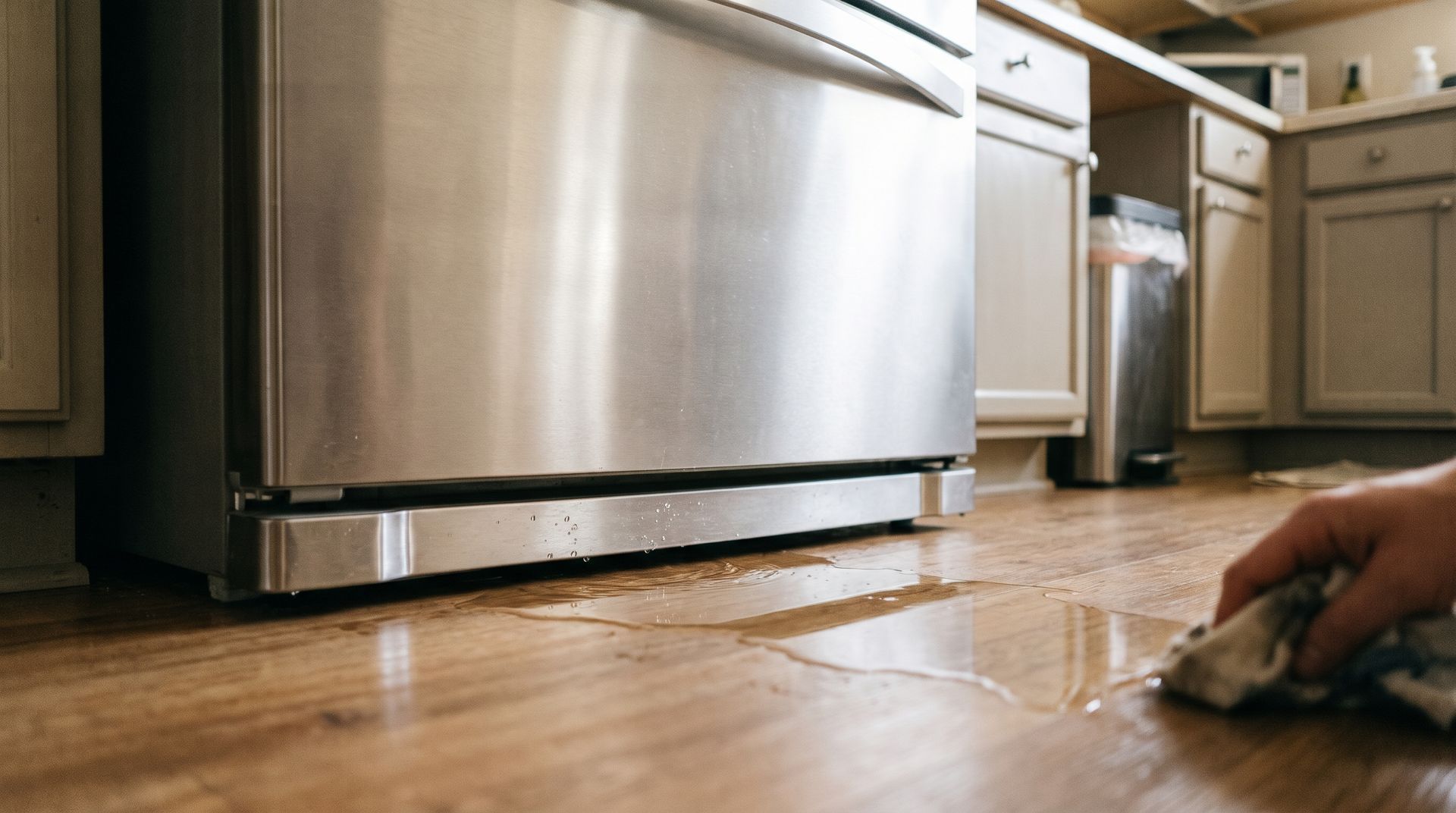 Low-angle view of a kitchen floor with a stainless steel appliance and a hand wiping the wood floor with a cloth