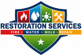 Restoration Services shield logo with red, blue, green, and orange panels; fire, water, mold, repair text.