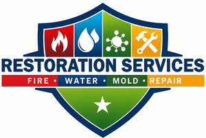 Restoration Services shield logo with red, blue, green, and orange panels; fire, water, mold, repair text.