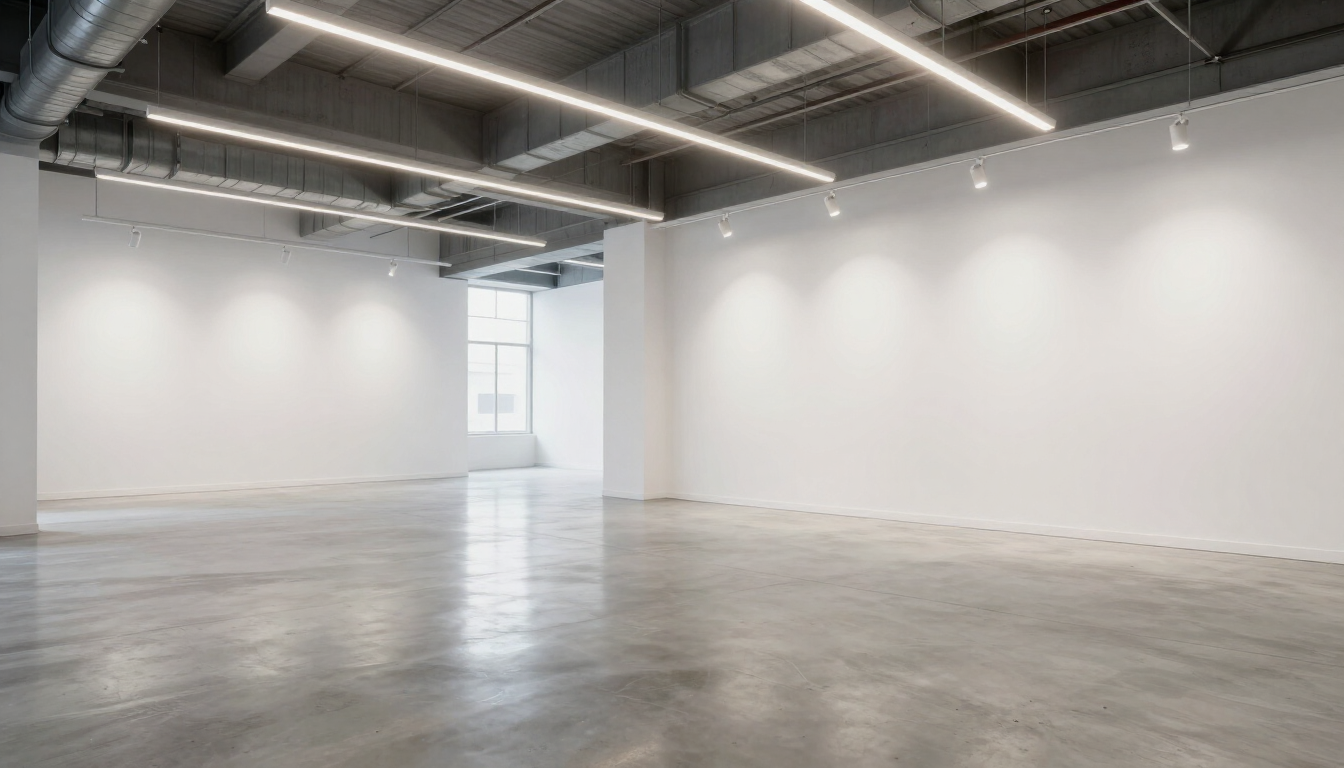 Finished white box commercial space ready for lease after restoration.