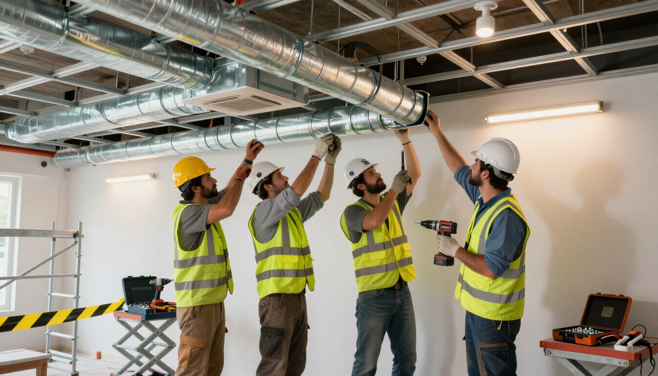 Contractor inspecting commercial HVAC and wiring