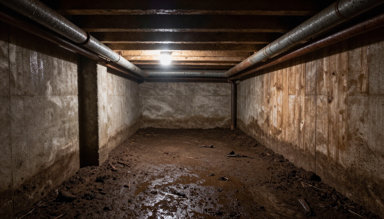 Damp crawlspace with moisture beads