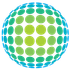 A sphere composed of green and blue circular shapes, gradient from light green to blue.