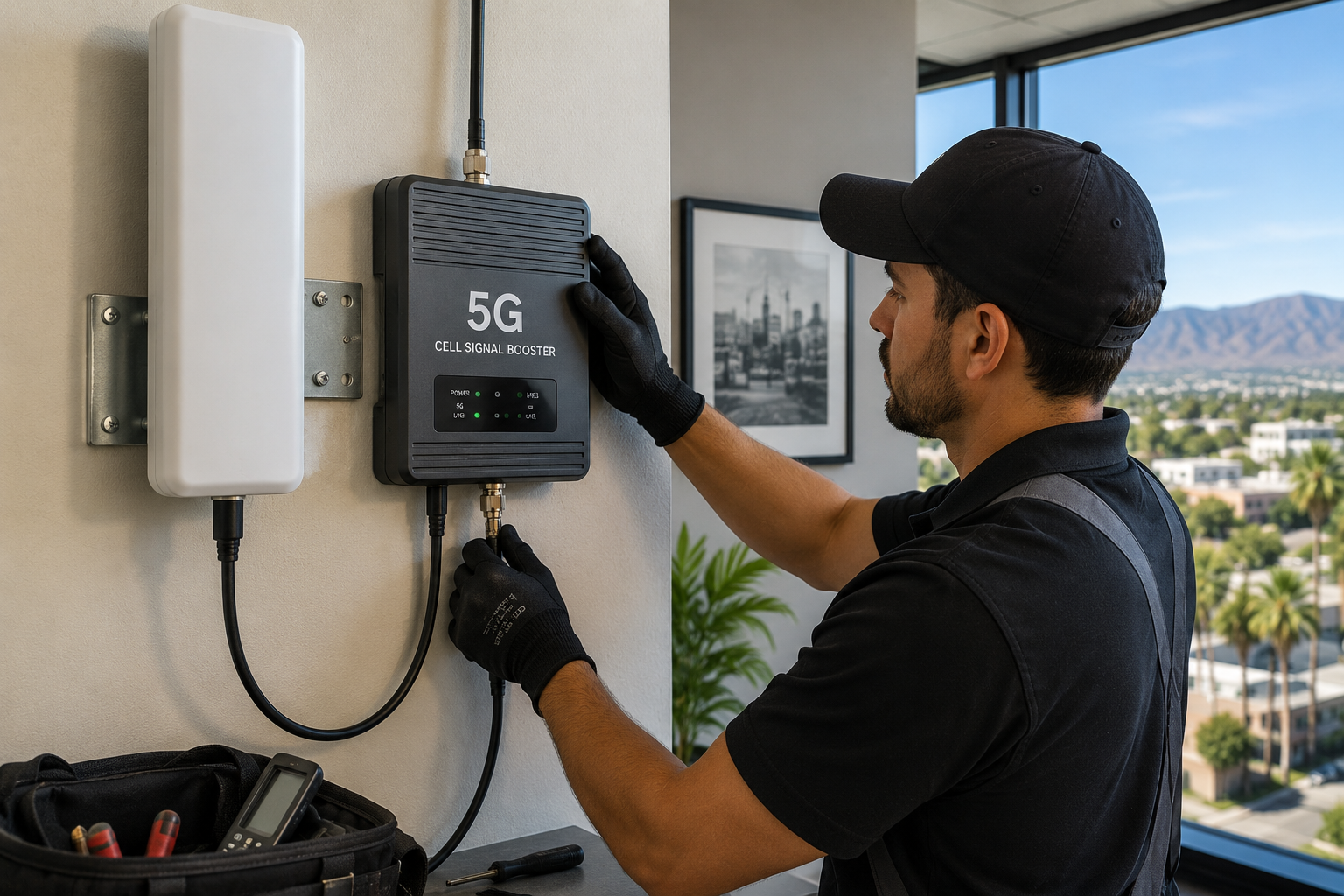 Technician installing a 5G device on a wall-mounted unit near a window with a city view.