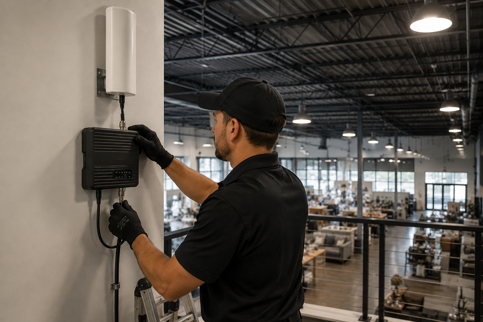 Technician mounting a wall device in a modern office or warehouse interior.