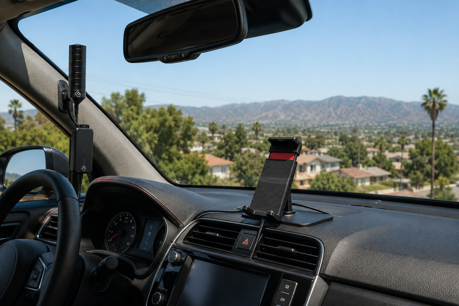 View from a car interior overlooking a sunny city and mountains through the windshield