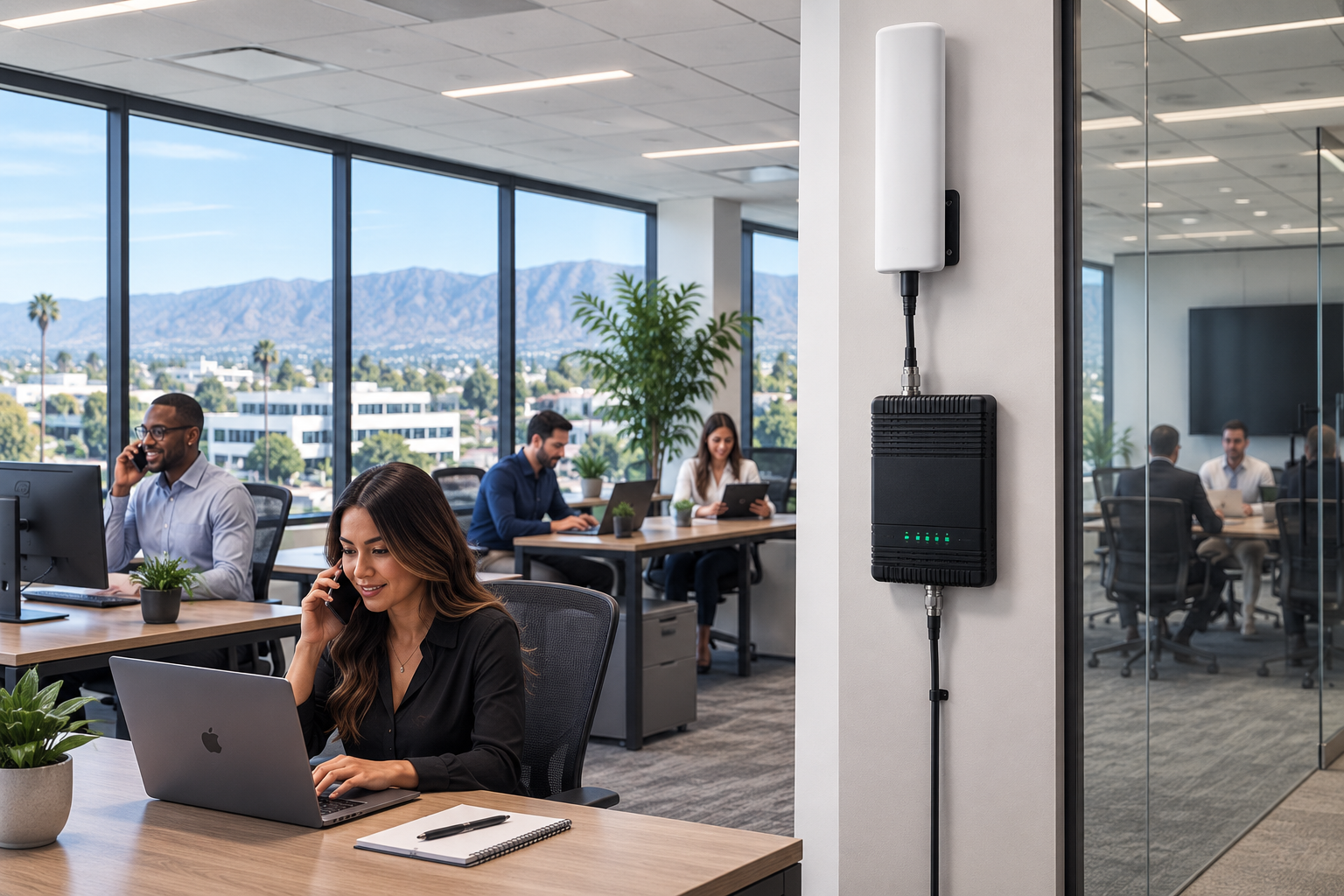 Open office with people working at desks, glass walls, and mountains visible outside.