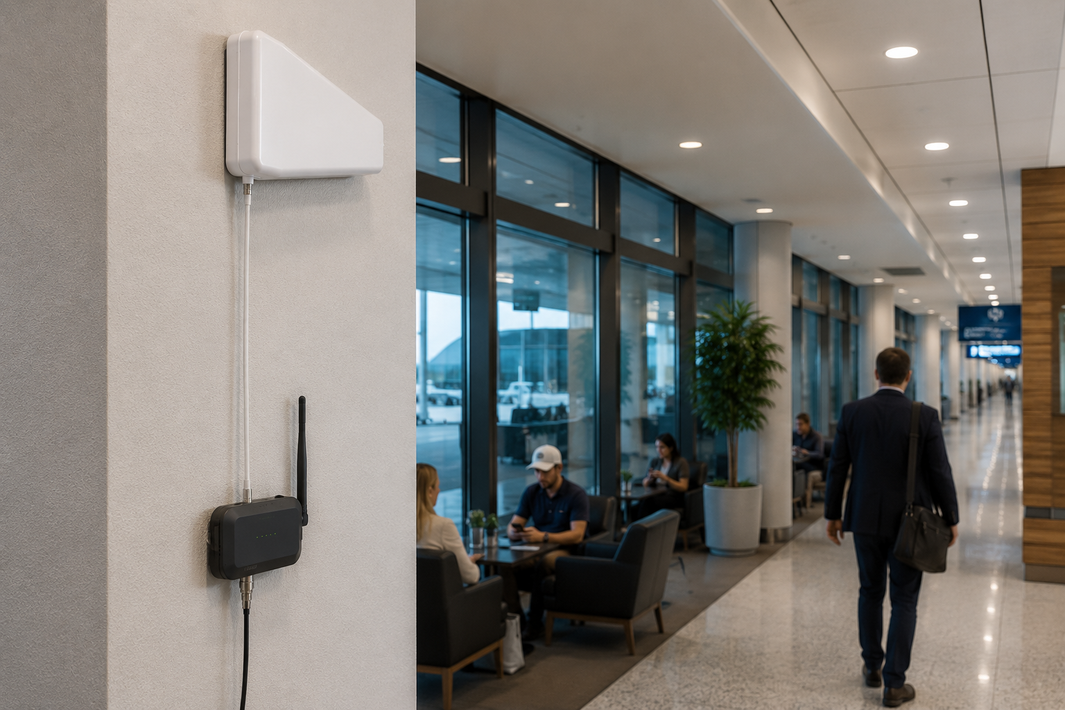Modern office hallway with a man walking past glass walls and seated people.