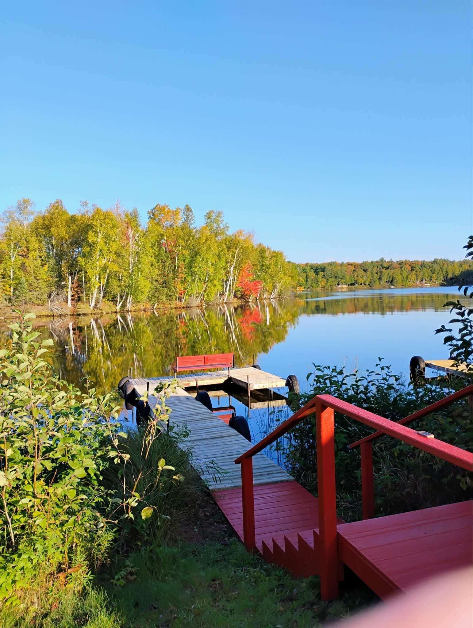 A wooden bridge leading to a lake with trees in the background.