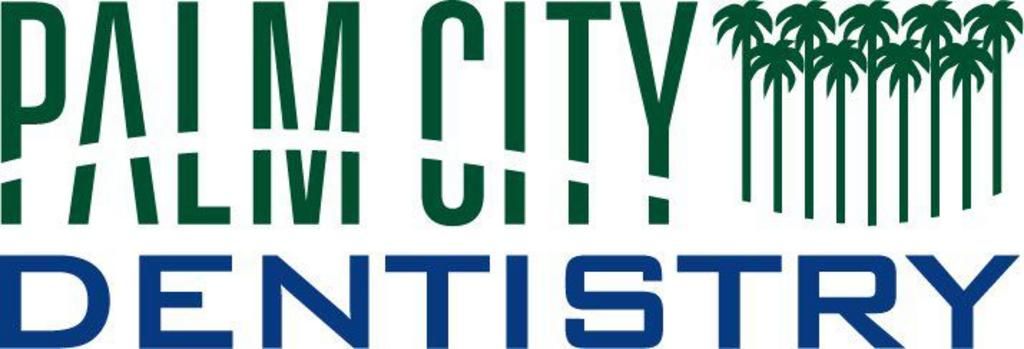 A logo for palm city palm tree dentistry with palm trees on it.