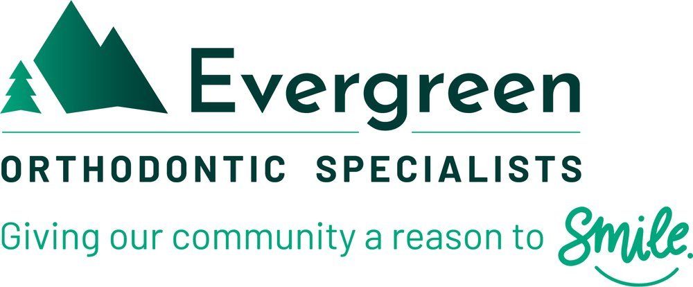 Logo for Evergreen Orthodontic Specialists with a mountain and tree icon, text and a smile graphic.