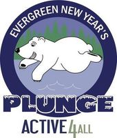 Logo for Evergreen New Year's Plunge: polar bear jumping into water, forest background, blue and white colors.