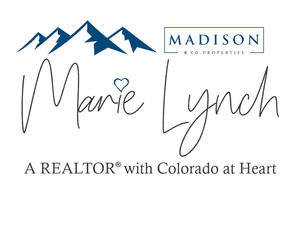 Logo: Marie Lynch, Realtor, with mountain graphic. Blue and white. 