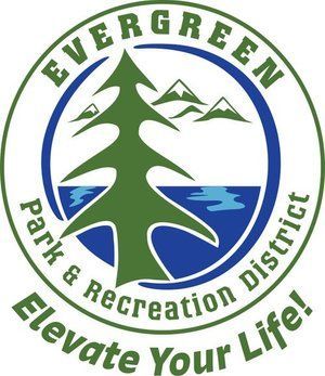 Evergreen Park & Recreation District logo: green pine tree, mountains, water, and text in a circular design.