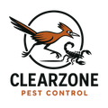Logo for Clearzone Pest Control: roadrunner chasing a scorpion inside a black circle. Text below: CLEARZONE PEST CONTROL.