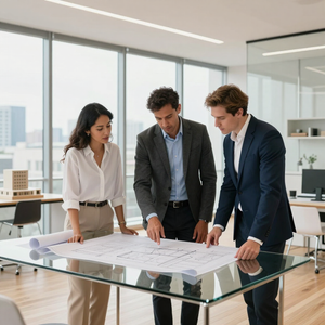 Tres compañeros de trabajo revisan planos arquitectónicos en una mesa de conferencias de cristal en una oficina luminosa.