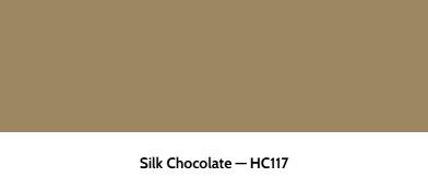 A swatch of muted, brownish-tan paint labeled Silk Chocolate HC117.