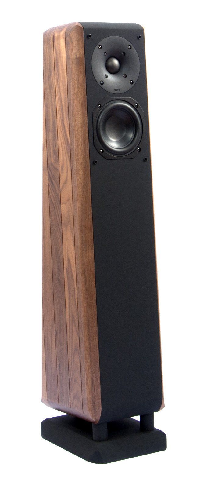 A pair of speakers made of wood and black on a white background