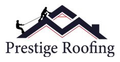 Logo for Prestige Roofing showing two workers on a dark blue roof silhouette, with the text "Prestige Roofing" below.