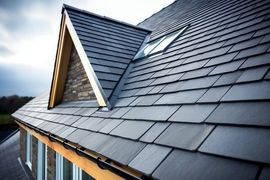 A close-up view of a dark grey tiled roof featuring a dormer window and a skylight on a modern stone building.