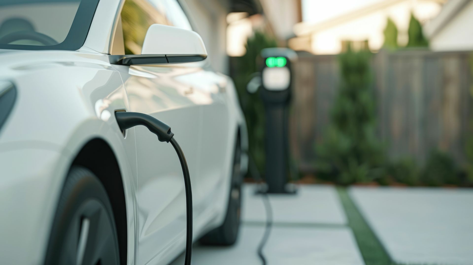 An electric car is being charged at a charging station.