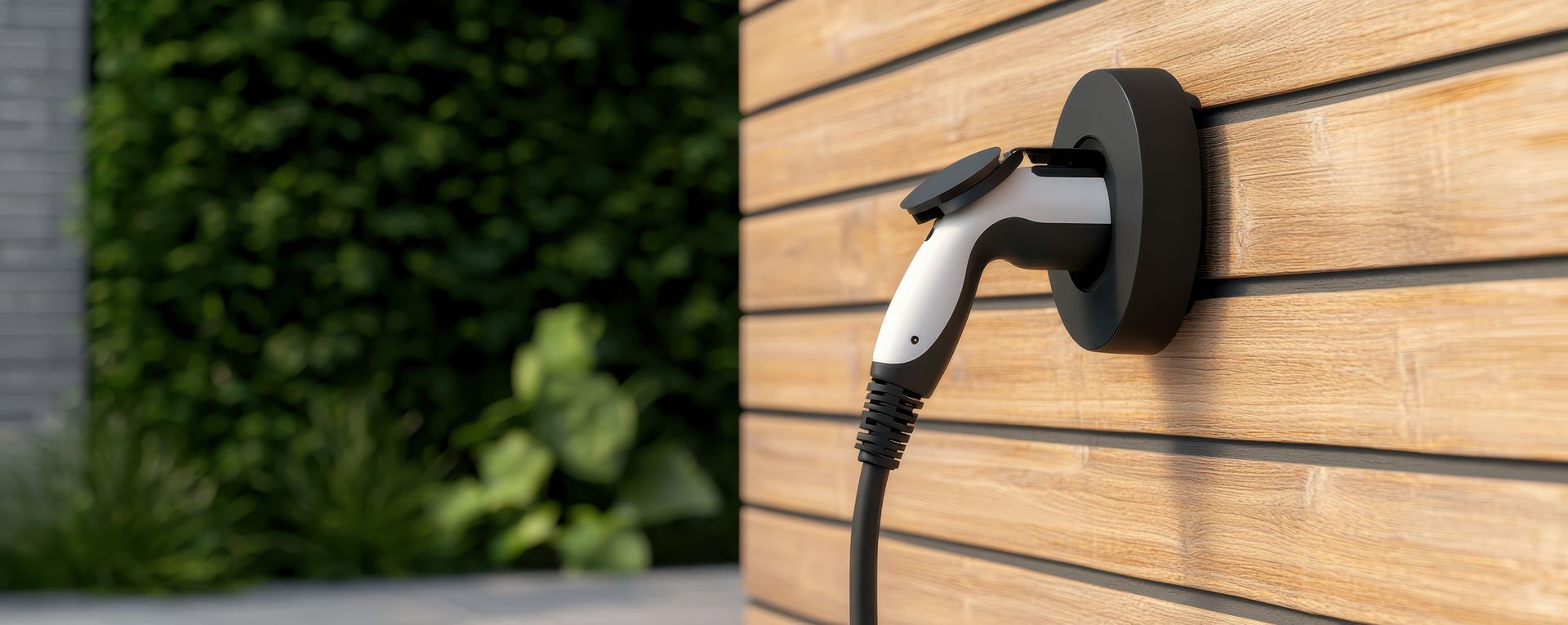 An electric vehicle charging station is attached to the side of a building.
