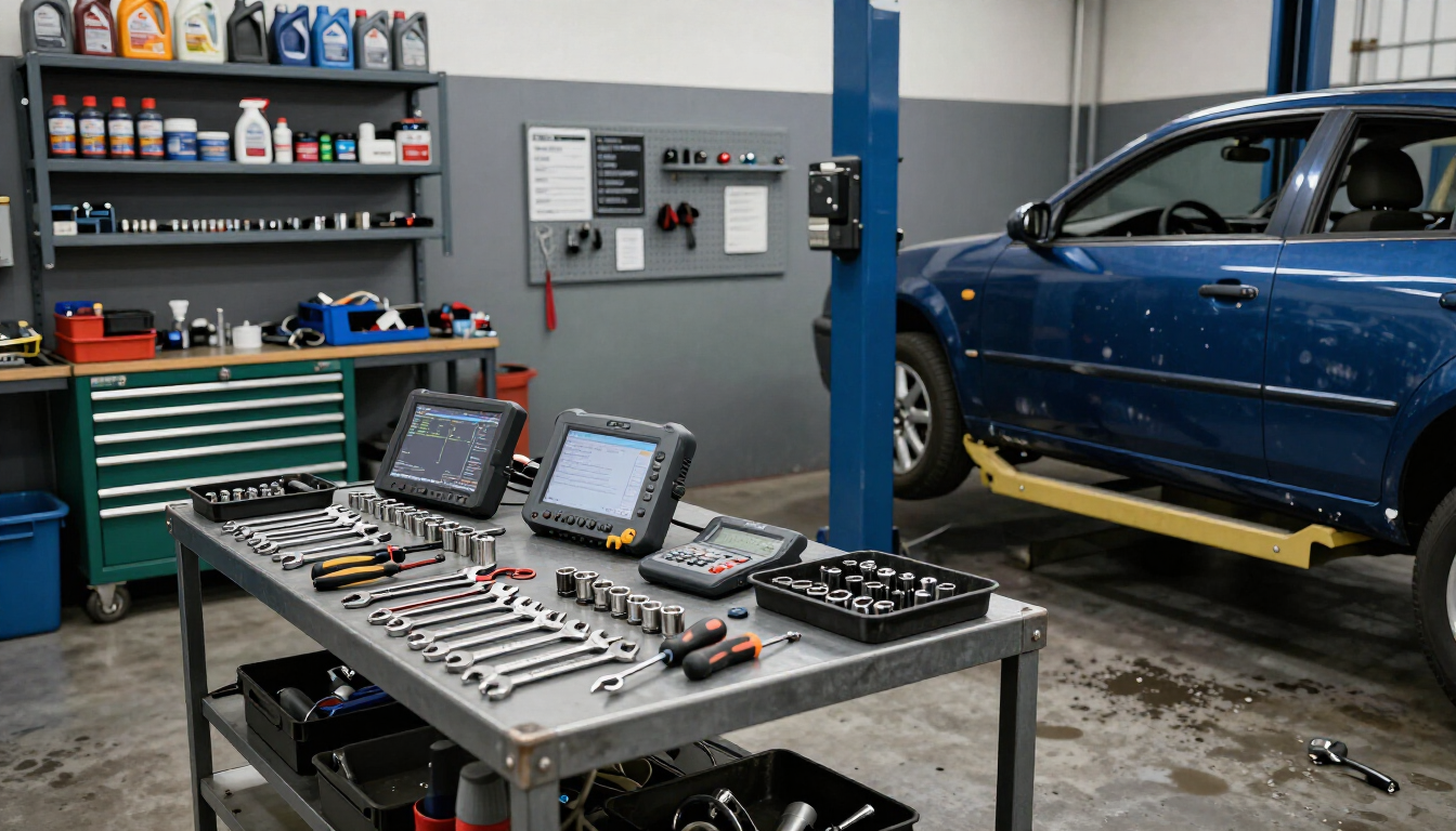 Auto repair shop with blue car on lift and diagnostic tools on a workbench