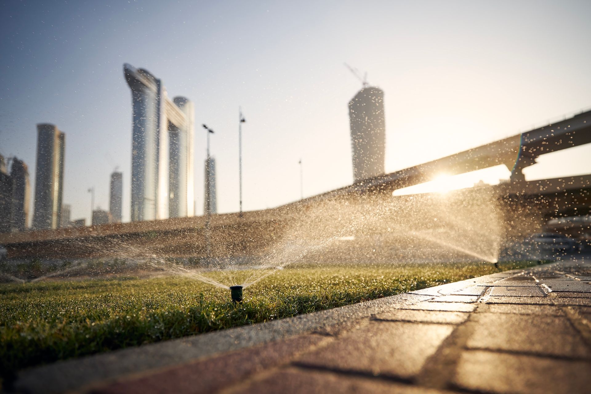 A sprinkler is spraying water on a lush green field in front of a city skyline.