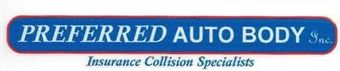 Logo for Preferred Auto Body Inc.: Blue rectangle with white text. Includes "Insurance Collision Specialists."