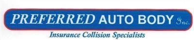 Logo for Preferred Auto Body Inc.: Blue rectangle with white text. Includes "Insurance Collision Specialists."
