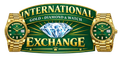 Logo for International Gold, Diamond, and Watch Exchange, featuring a diamond, two gold watches, and text on a green background.