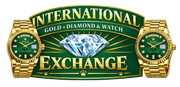 Logo for International Gold, Diamond, and Watch Exchange, featuring a diamond, two gold watches, and text on a green background.