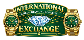 Logo for International Gold, Diamond, and Watch Exchange, featuring a diamond, two gold watches, and text on a green background.