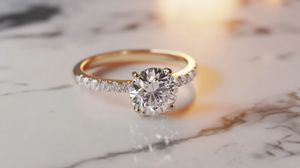 Gold engagement ring with a round diamond center stone and diamond-studded band, on a marble surface.