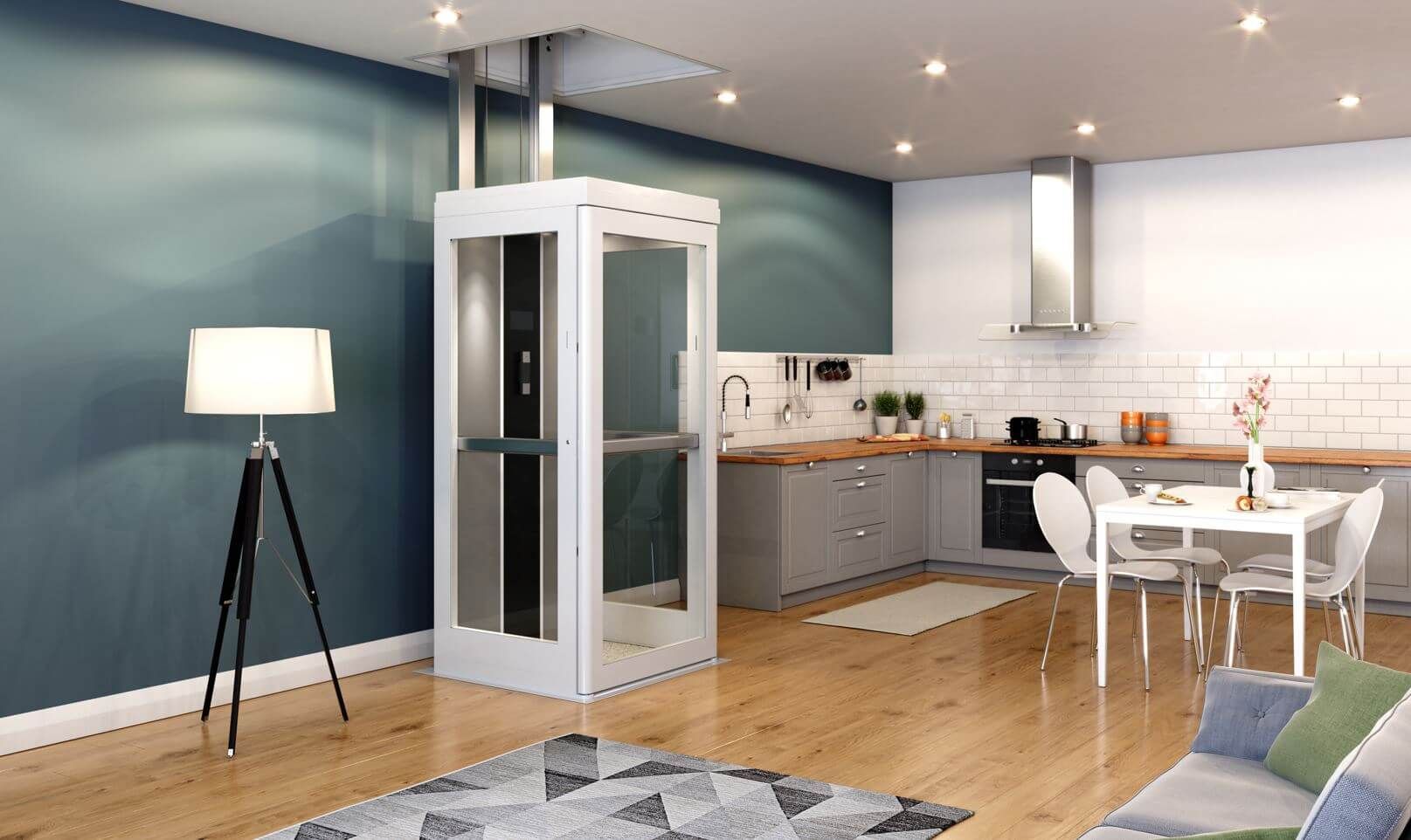 White home elevator in a modern kitchen setting.