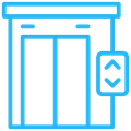 Blue elevator with closed doors and up/down button.