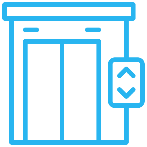 Blue elevator with closed doors and up/down button.