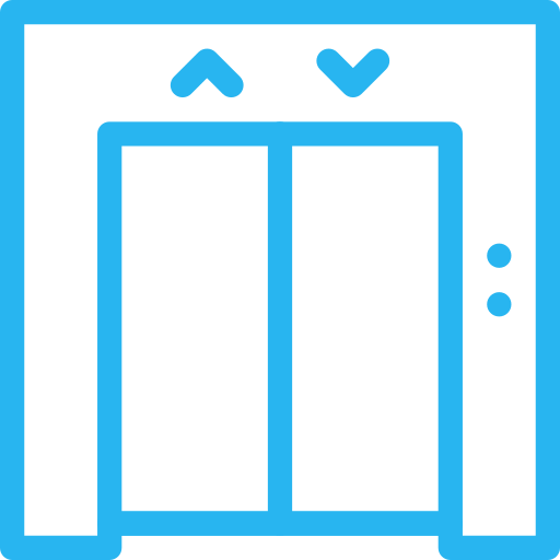 Blue elevator with up and down arrows above the doors. Two indicator lights are visible.