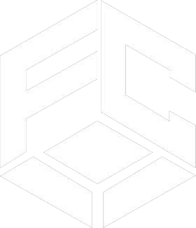 White abstract logo of a cube with the letters 