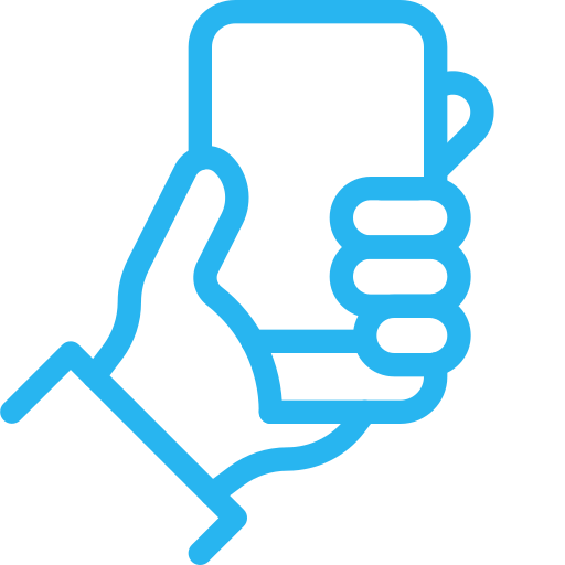 Blue line drawing of a hand holding a smartphone.